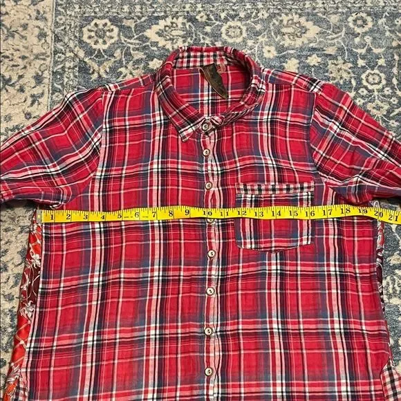 Aratta Silent Journey Red Plaid Floral Design Button-Up Mixed Media Shirt Boho - Picture 7 of 9